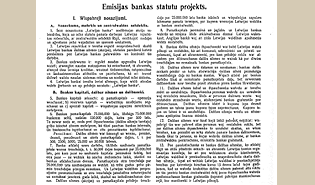 Emisijas bankas statūtu projekts. Ekonomists. 1921, Nr. 12 (15.06.1921.), 481.–485. lpp. 